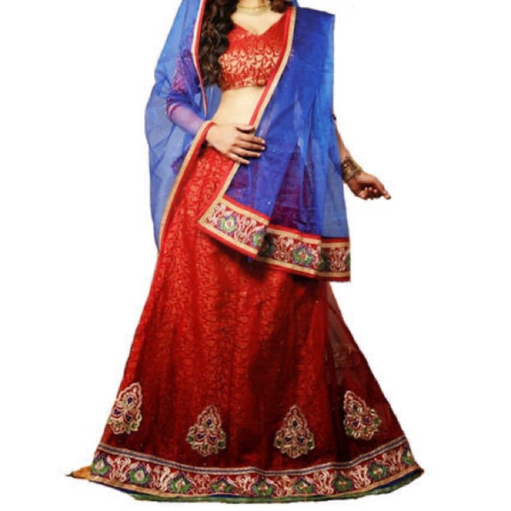 Heavy red lehenga with royal blue dupatta